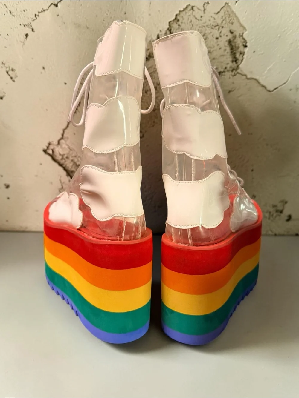 Dolls Kill Clear Pink Lace-Up Platform Boots with Rainbow Sole